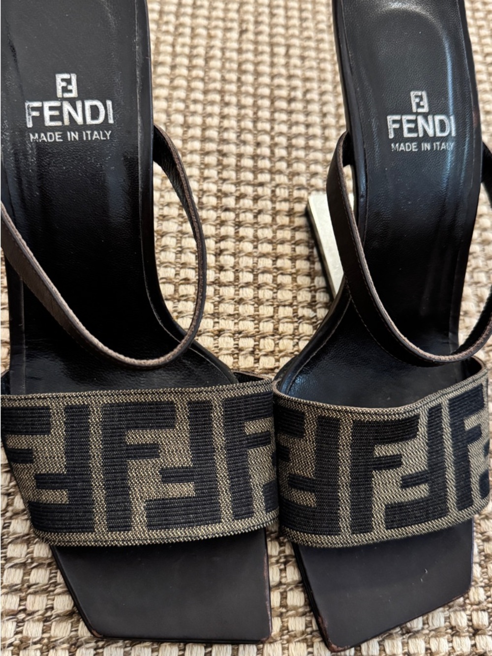 Fendi Brown and Black FF Logo Square-Toe Heels - Picture 5 of 8
